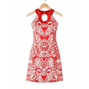 INC International Concepts Red White Paisley Beaded Neck Tailored Shift Dress